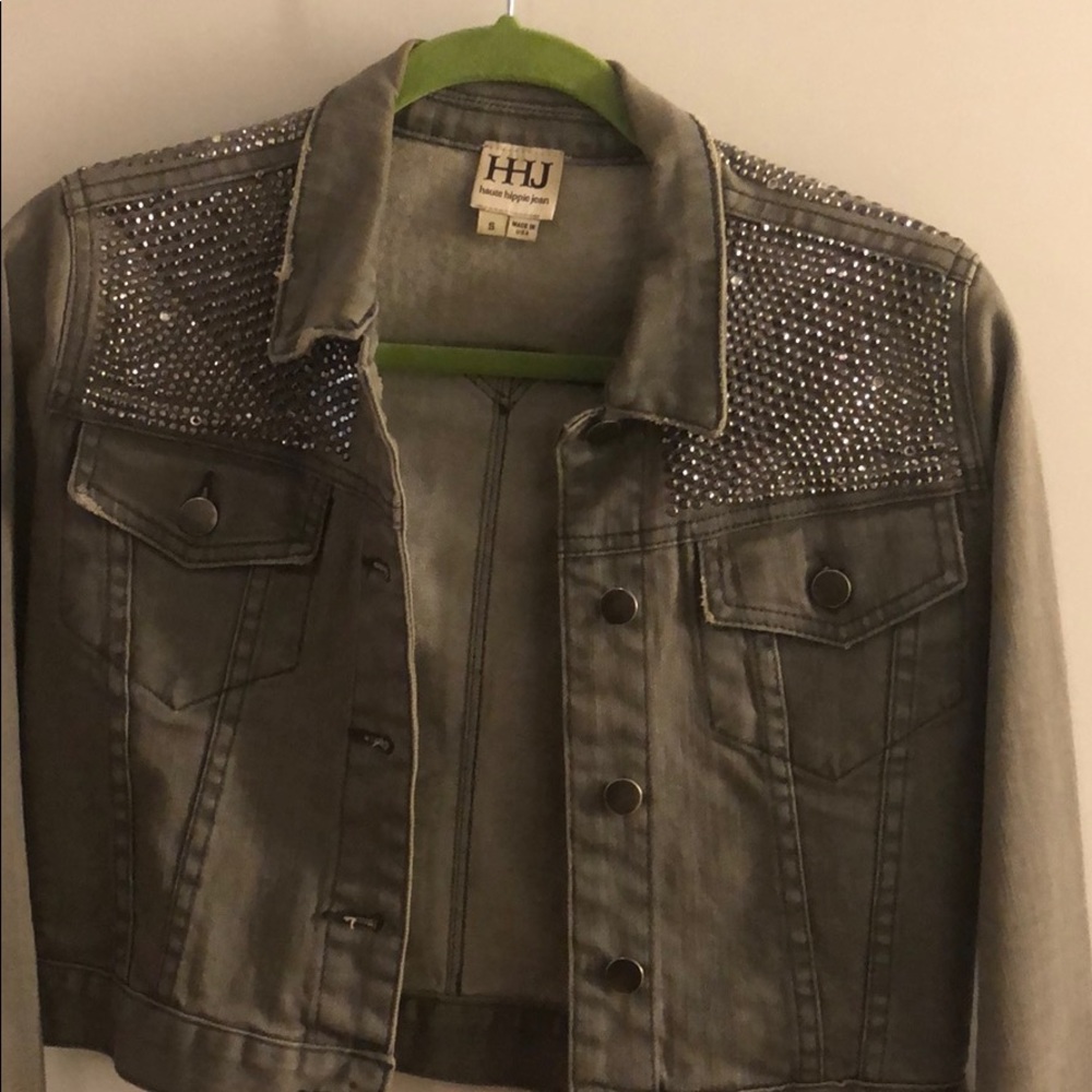 Haute Hippie grey crop jean jacket with stones